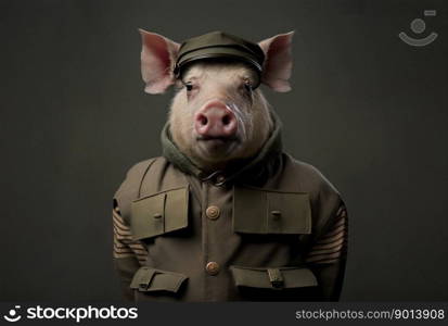 Portrait of a pig in a military uniform ready to serve and protect, soldier, on a dark background, generative ai