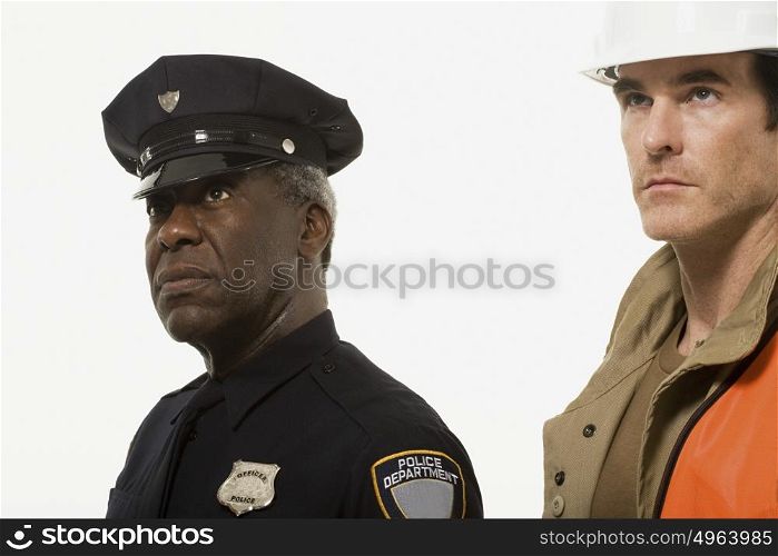 Portrait of a police officer and a construction worker