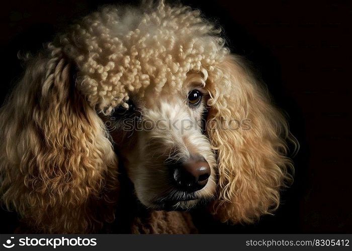 Portrait of a poodle dog on a black background. Neural network AI generated art. Portrait of a poodle dog on a black background. Neural network AI generated