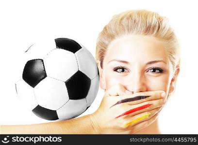 Portrait of a pretty football fan with ball isolated on white