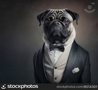 Portrait of a pug dog dressed in a formal business suit, character, generative ai