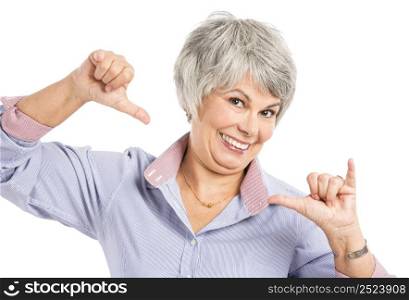 Portrait of a really happy old woman, isolated on a white background