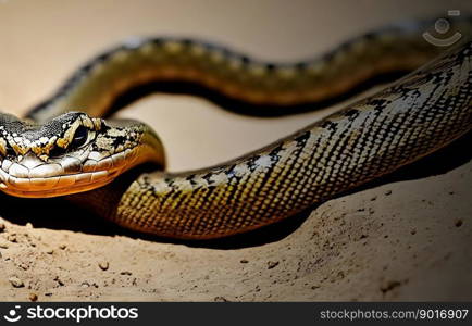 Portrait of a reclining snake with golden skin and black scales resting its wide mouth on its tail in the desert sand, made with generative AI