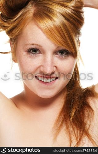 portrait of a redhead girl lifting her hair. portrait of a redhead girl lifting her hair on white background