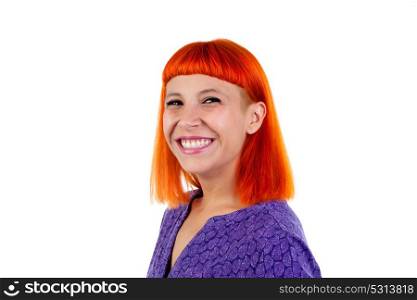 Portrait of a redhead girl with a purple dress isolated on a white background