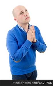 Portrait of a religious expressive man praying in studio on white isolated background