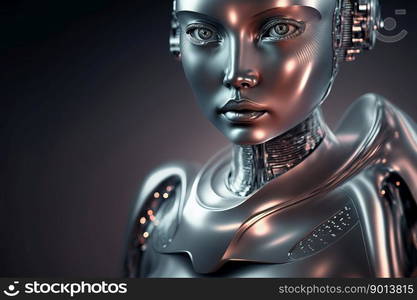 Portrait of a retrofuturistic female humanoid robot made of shiny chrome. Generative AI.. Portrait of a retrofuturistic female humanoid robot made of chrome. Generative AI.