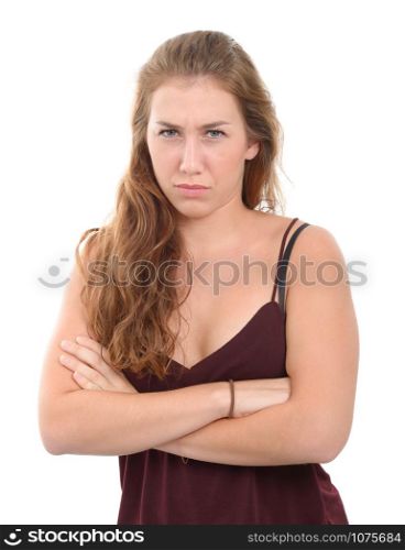 Portrait of a sad woman, isolated on white
