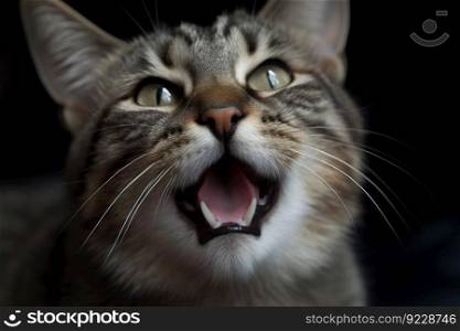 Portrait of a screaming cat. Surprised cat with open mouth meowing and asking for something. Generated AI. Portrait of a screaming cat. Surprised cat with open mouth meowing and asking for something. Generated AI.