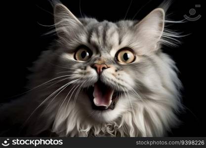 Portrait of a screaming cat. Surprised cat with open mouth meowing and asking for something. Generated AI