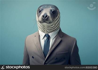 Portrait of a seal dressed in a strict business suit. Generative ai