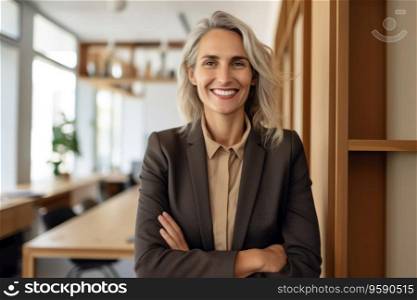 Portrait of a senior business woman standing, arms crossed in office looking at camera. AI Generative