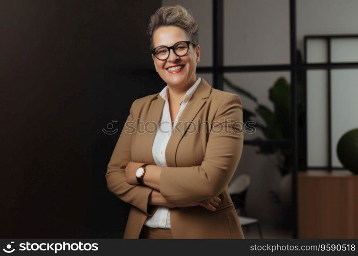 Portrait of a senior business woman standing, arms crossed in office looking at camera. AI Generative