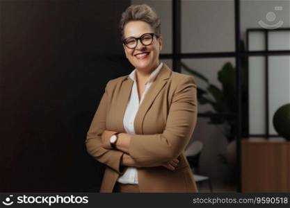 Portrait of a senior business woman standing, arms crossed in office looking at camera. AI Generative