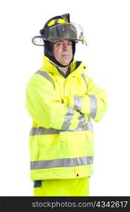Portrait of a serious firefighter, isolated on white background.