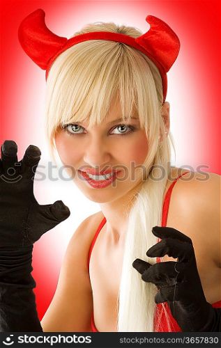 portrait of a sexy and blond girl with demon red horns in agressive pose
