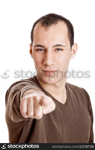 Portrait of a smart guy pointing to something, isolated on white