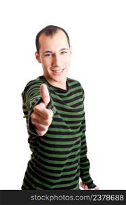 Portrait of a smart guy showing thumbs up, isolated on white