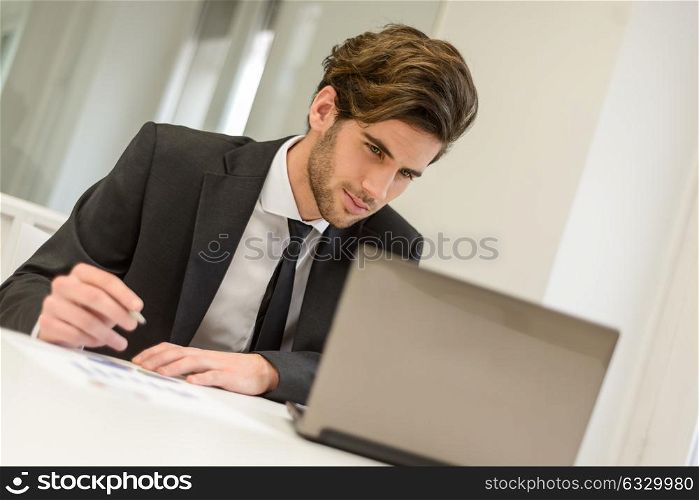 Portrait of a smiling businessman sitting at his laptop and working in a modern office with white furniture