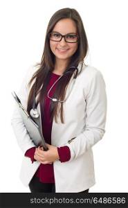 Portrait of a smiling female doctor with confident pose isolated on white background. female doctor