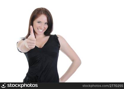 Portrait of a smiling girl with thumb up. Isolated on white background