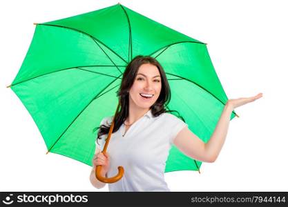 portrait of a smiling happy girl with a green umbrella isolated