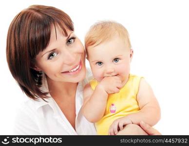 Portrait of a smiling mother &amp; baby isolated over white background