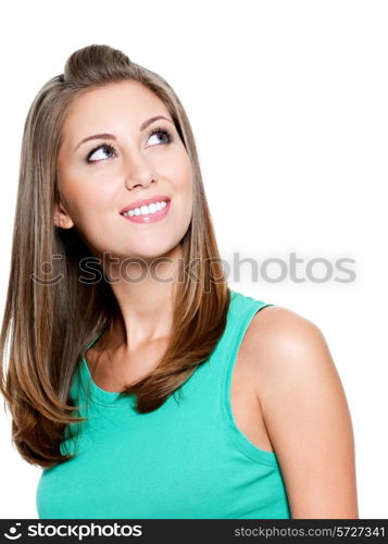 Portrait of a smiling thinking woman looking up - isolated on white