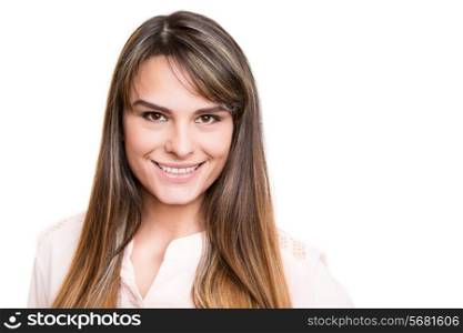 Portrait of a smiling woman posing over white