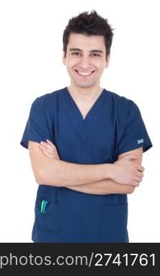 portrait of a smiling young doctor isolated on white background