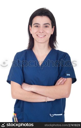 portrait of a smiling young female doctor isolated on white background (folded arms)