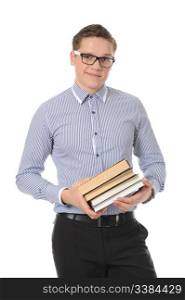 portrait of a smiling young man with books. Isolated on white background