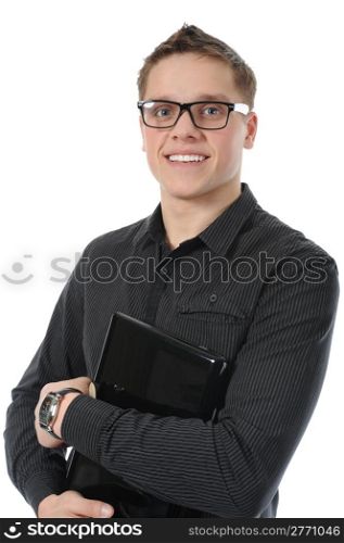 portrait of a smiling young man with laptop. Isolated on white background