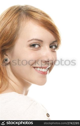 portrait of a smiling young redhead woman. portrait of a smiling young redhead woman on white background