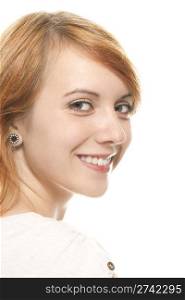 portrait of a smiling young redhead woman. portrait of a smiling young redhead woman on white background