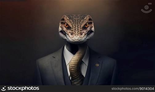 Portrait of a snake dressed in a strict business suit, boss, cobra, generative ai