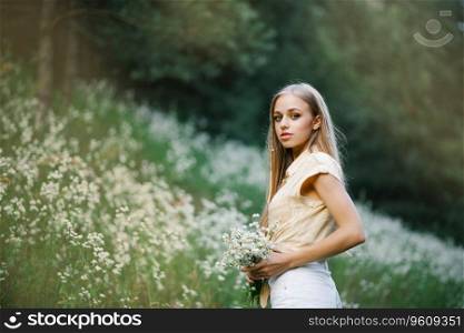 Portrait of a sweet gentle girl in a field of white flowers