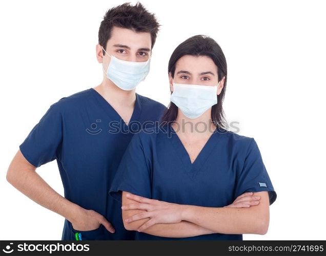 portrait of a team of doctors, man and woman wearing mask and uniform isolated on white background