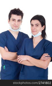 portrait of a team of doctors, man and woman wearing mask and uniform isolated on white background