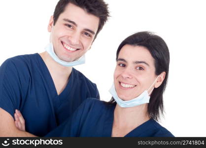 portrait of a team of doctors, man and woman wearing mask and uniform isolated on white background