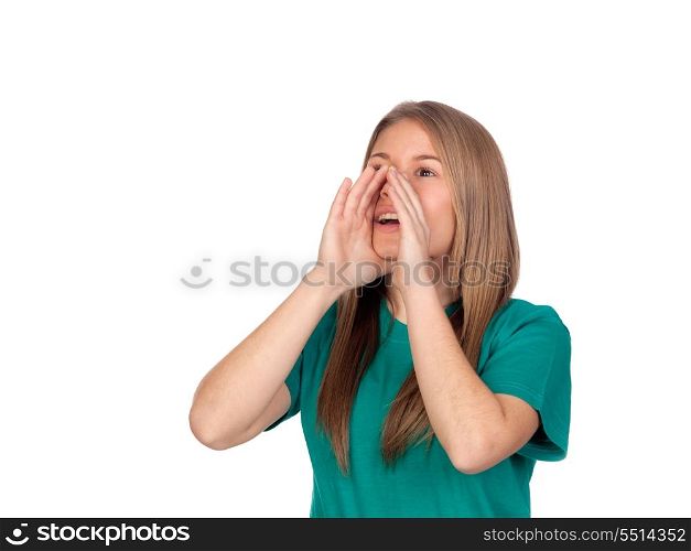 Portrait of a teen girl shouting something water isolated on white background