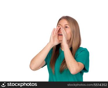Portrait of a teen girl shouting something water isolated on white background