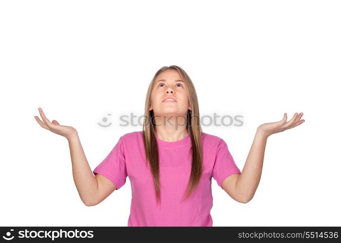 Portrait of a teen girl with the arms extended and lookin up isolated on white background