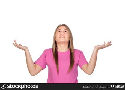 Portrait of a teen girl with the arms extended and lookin up isolated on white background