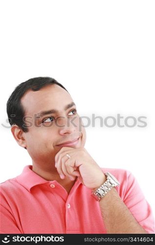 Portrait of a thoughtful young guy standing looking away on white background