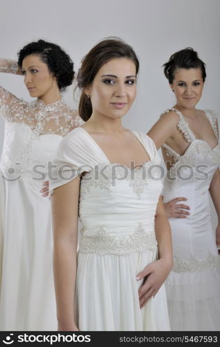 portrait of a three beautiful woman in wedding dress, bride and her friends bridesmaid