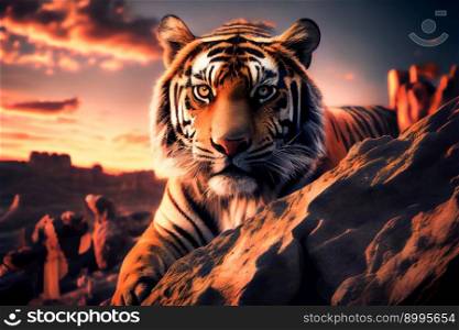 Portrait of a Tiger at Sunset.  Generative AI
