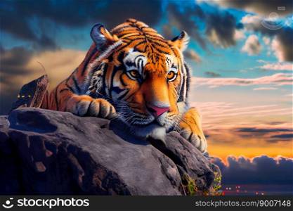 Portrait of a Tiger at Sunset.  Generative AI 