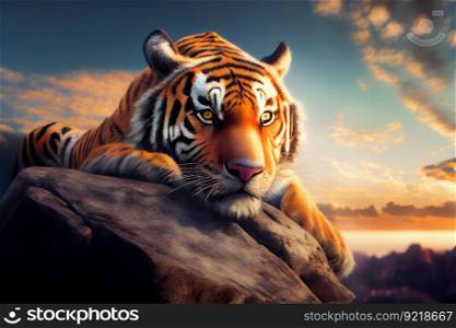 Portrait of a Tiger at Sunset.  Generative AI
