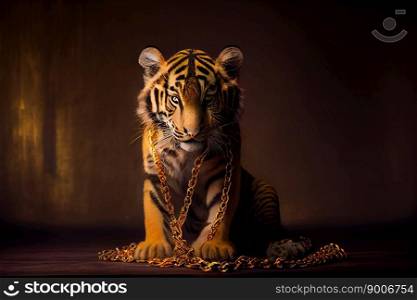 Portrait of a Tiger with Gold Chain on Black Background. Generative AI
